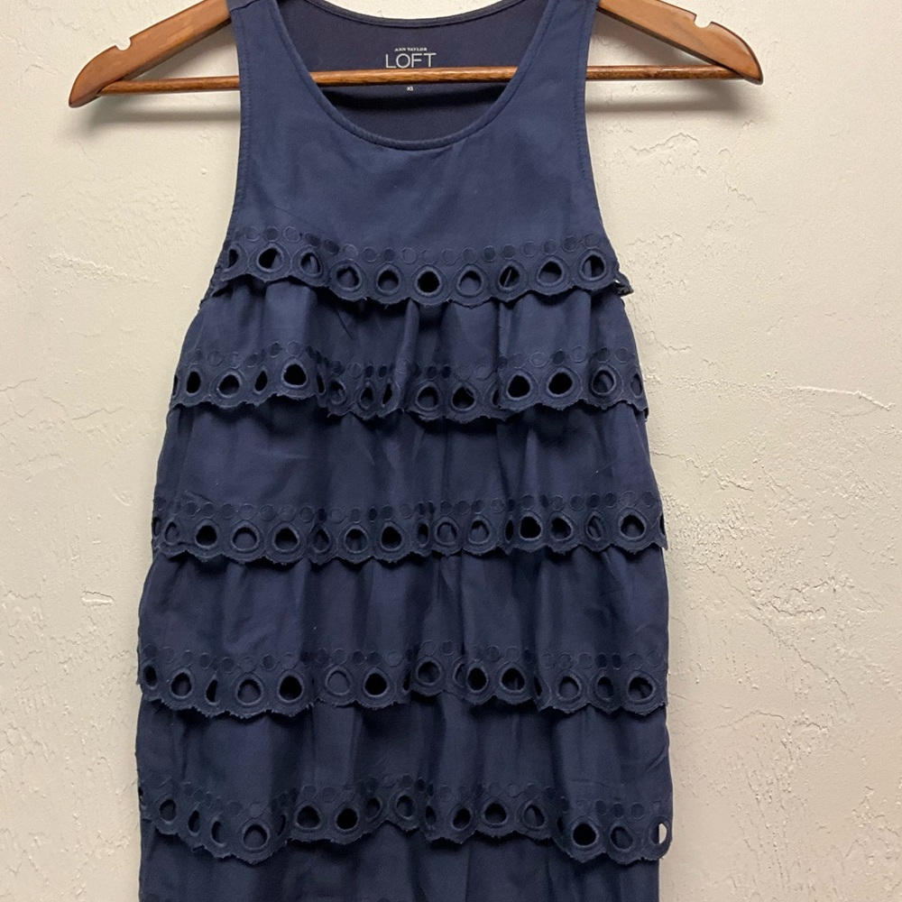 Loft Sleeveless Navy Blue Eyelet Tiered Mix Media Top